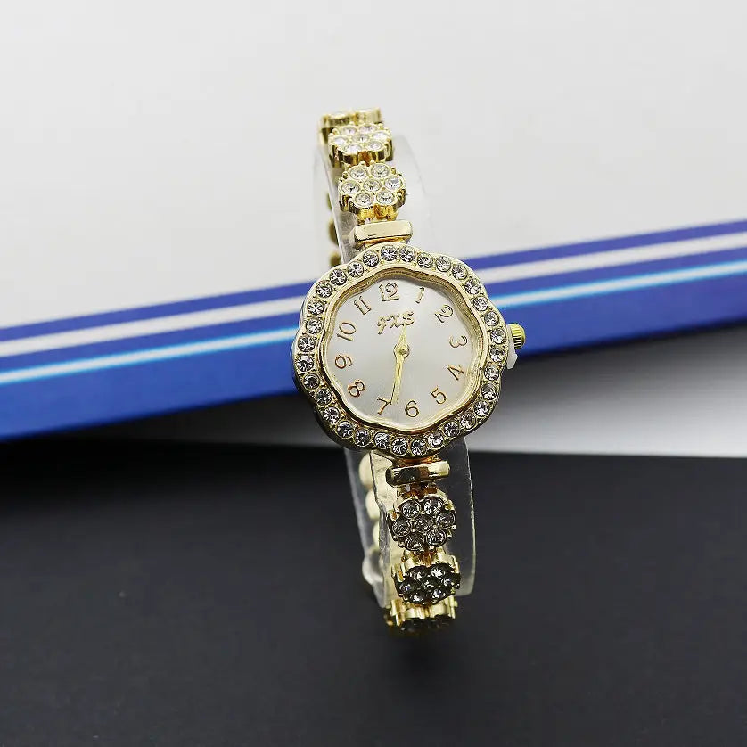 JewelSquare Luxe Watch with Diamond-Encrusted Stainless Steel Case - Flower Gold White
