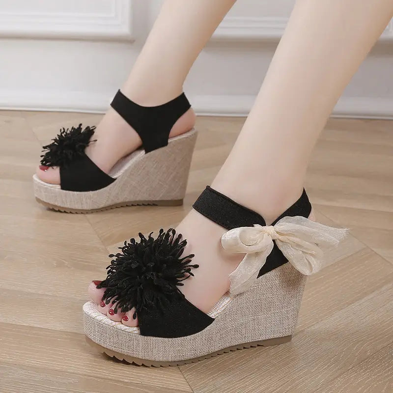 K-Style Plus Wedge Peep Toe Sandals - Black / 35