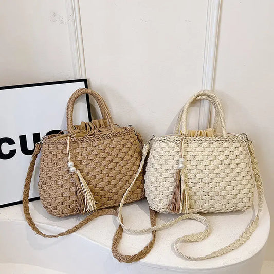 Khaki Milky White Straw Suitcase Style Handbag for Women