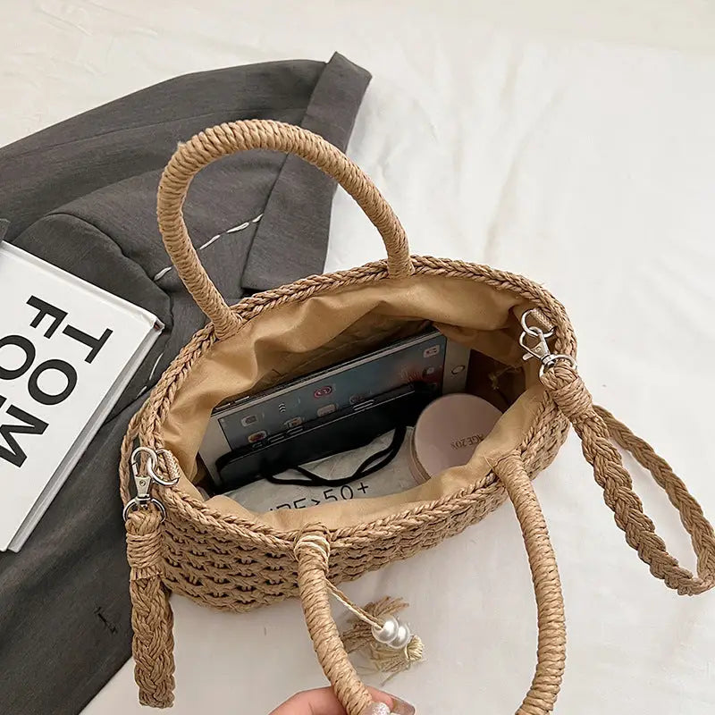Khaki Milky White Straw Suitcase Style Handbag for Women