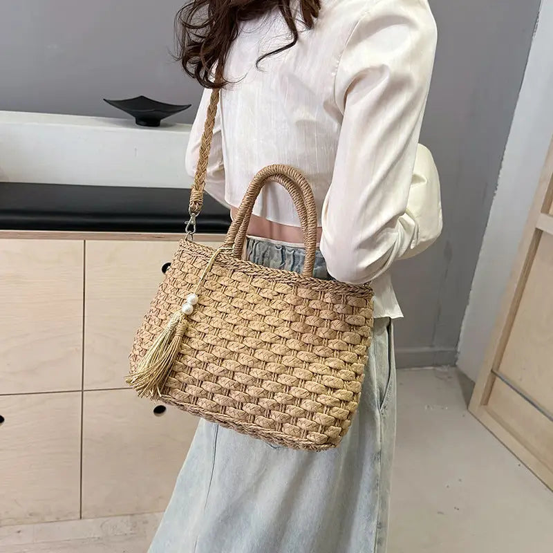 Khaki Milky White Straw Suitcase Style Handbag for Women
