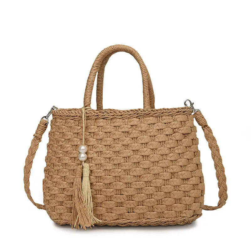 Khaki Milky White Straw Suitcase Style Handbag for Women - Khaki