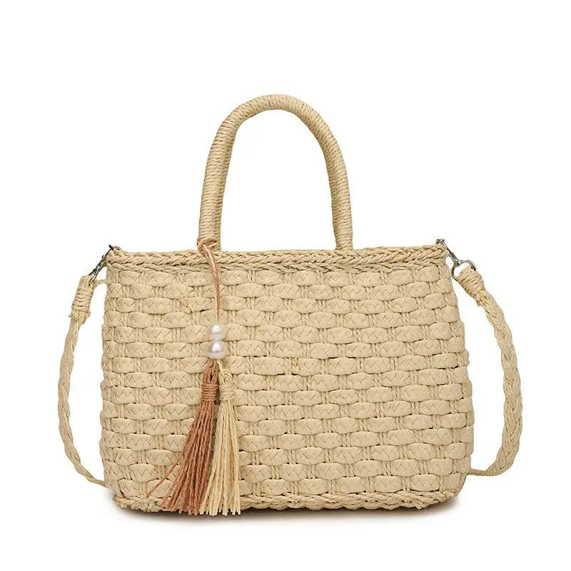 Khaki Milky White Straw Suitcase Style Handbag for Women - Beige