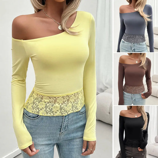 One-shoulder long-sleeve top with lace trim.