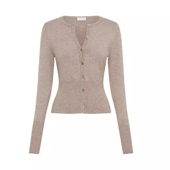 Beige, button-down cardigan.