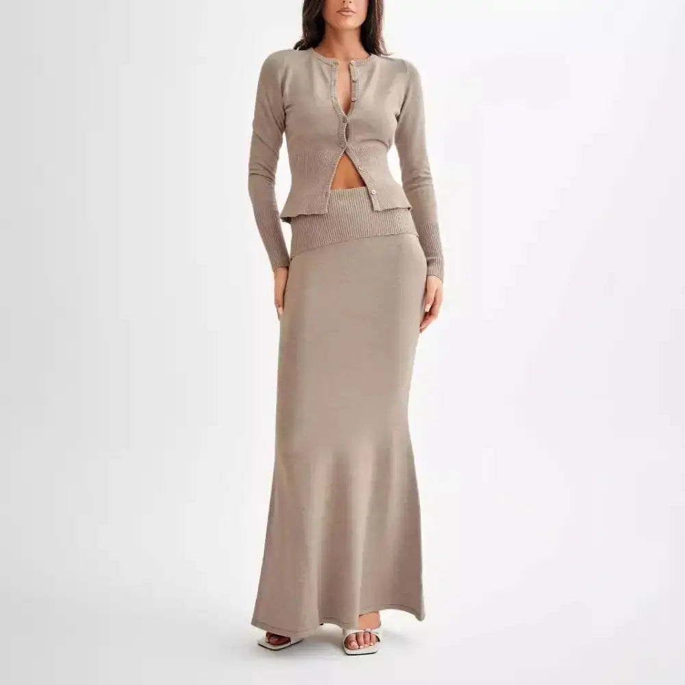 Taupe knit cardigan and mermaid skirt set.