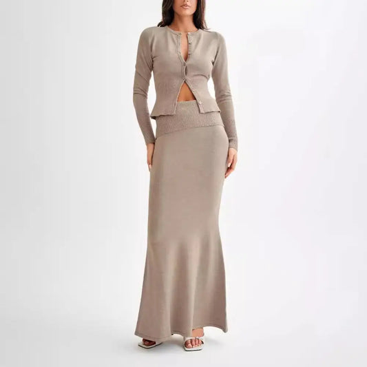 Taupe knit cardigan and mermaid skirt set.