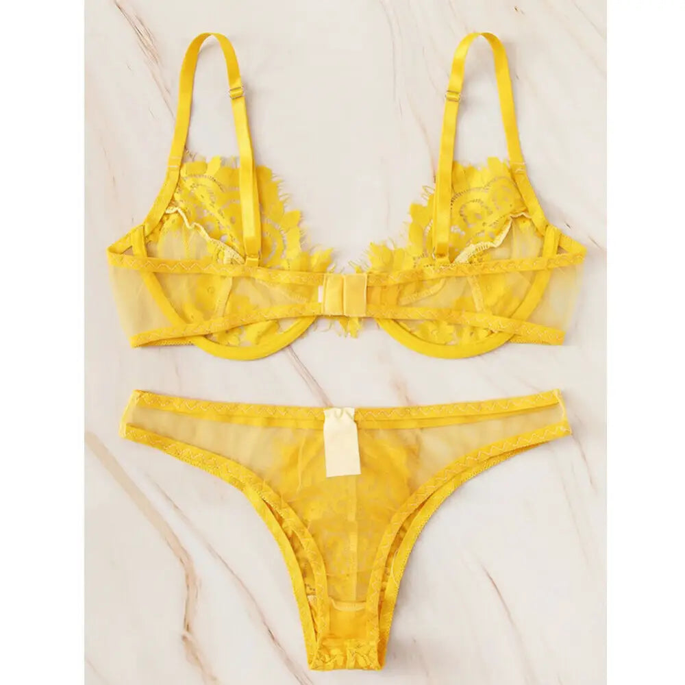 Lace comfortable underwear ladies bra set - Yellow / M