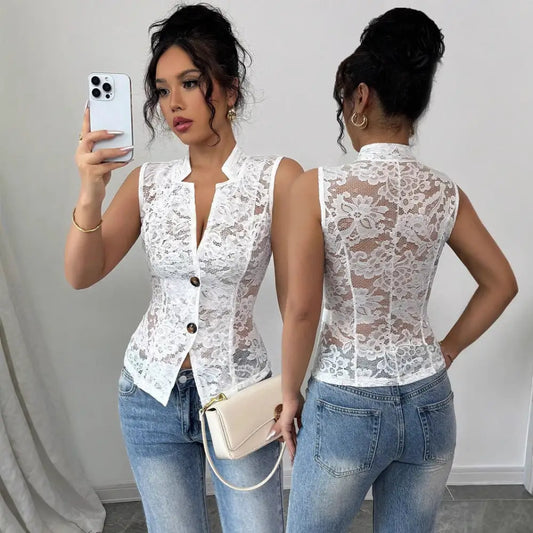 Lace Lapel Hollow Chest Cardigan