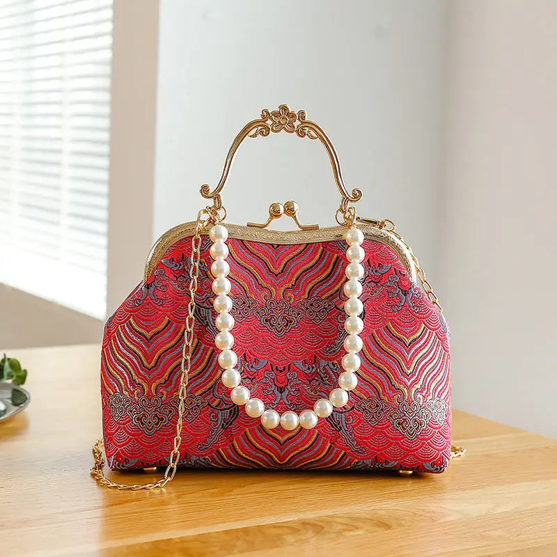 Lace Luxe: Women’s Spacious Shoulder Handbag - Chinese Red / Portable