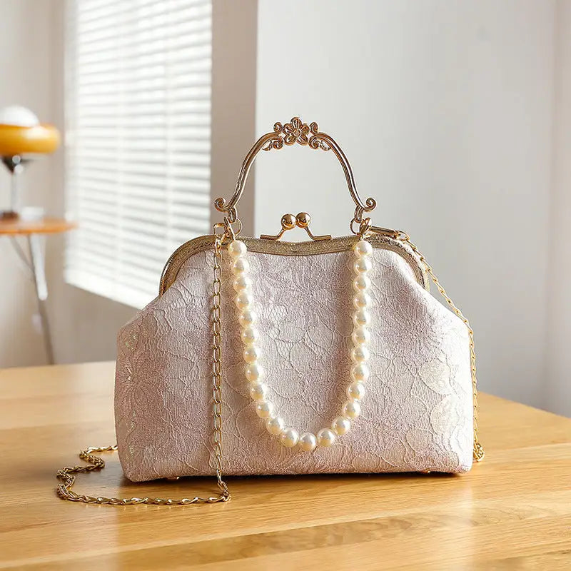 Lace Luxe: Women’s Spacious Shoulder Handbag - Lace Pink / Portable