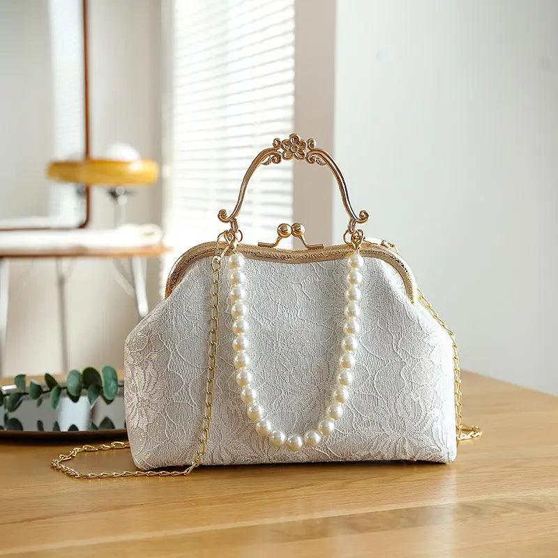 Lace Luxe: Women’s Spacious Shoulder Handbag - Lace Silver White / Portable