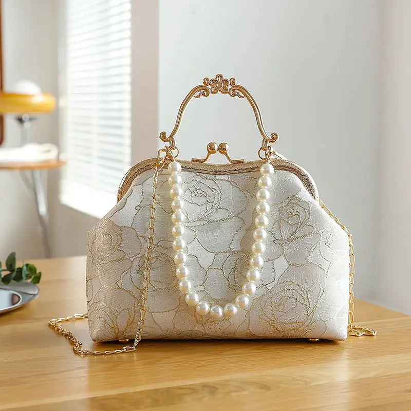 Lace Luxe: Women’s Spacious Shoulder Handbag - Simple Rose Light Gold / Portable