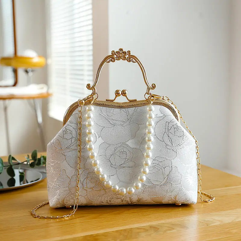 Lace Luxe: Women’s Spacious Shoulder Handbag - Simple Rose Silver White / Portable