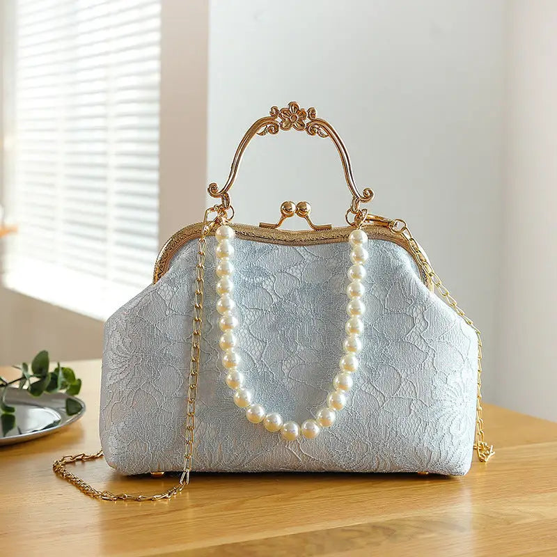 Lace Luxe: Women’s Spacious Shoulder Handbag - Lace Sky Blue / Portable