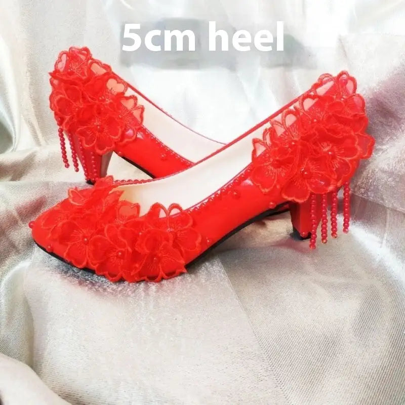 Lace Petal Bridal Heels for Her - 5cm Heel Red / 34