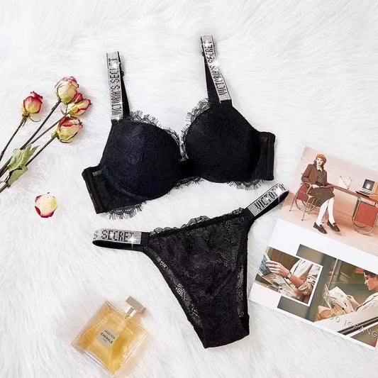 Lace Rhinestone Bra Underwear Suit - Black / 75B