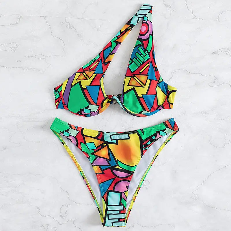 Ladies Split Swimsuit Split Swimsuit Lace Up - Printing / S