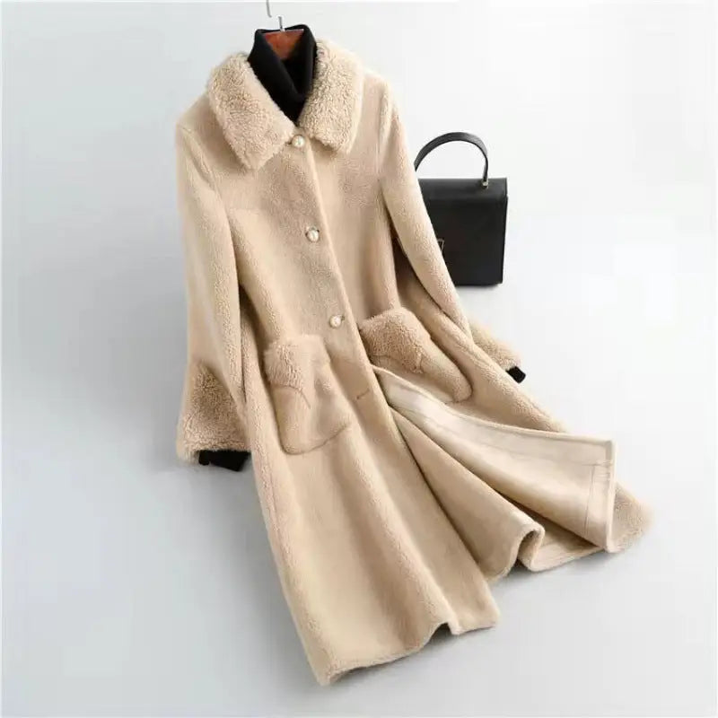 Beige, long, faux fur coat.