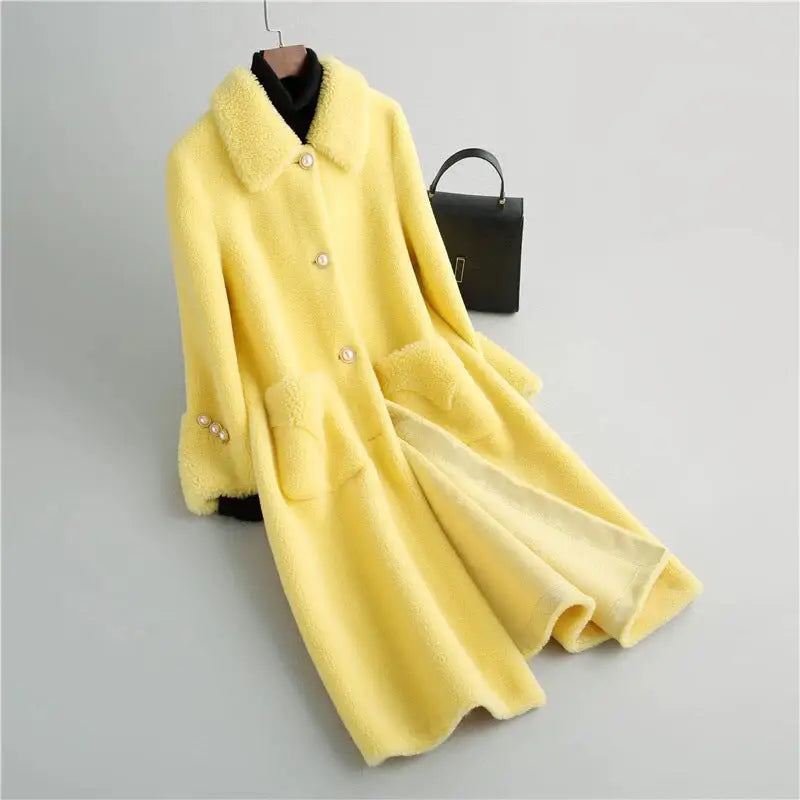 Yellow faux fur coat.