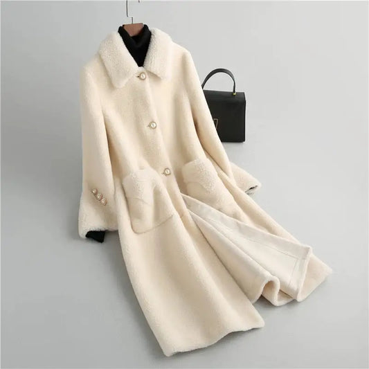 Cream-colored faux fur coat.