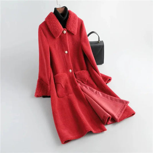 Red faux fur coat.