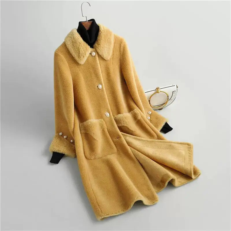 Yellow faux fur coat.