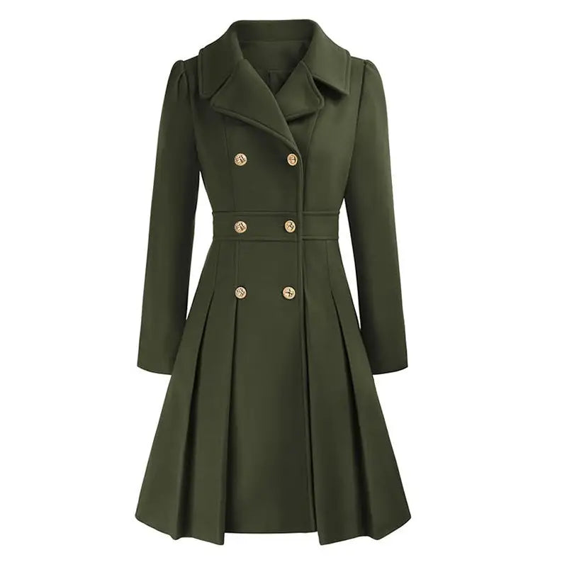 Olive green, double-breasted, pleated coat.