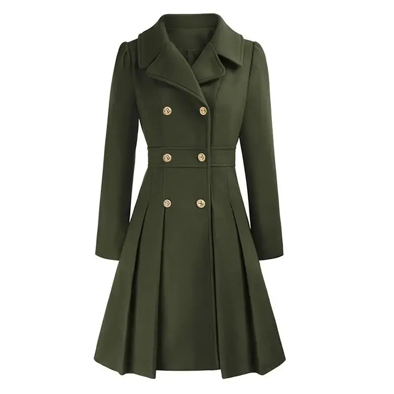 Olive green, double-breasted, pleated coat.