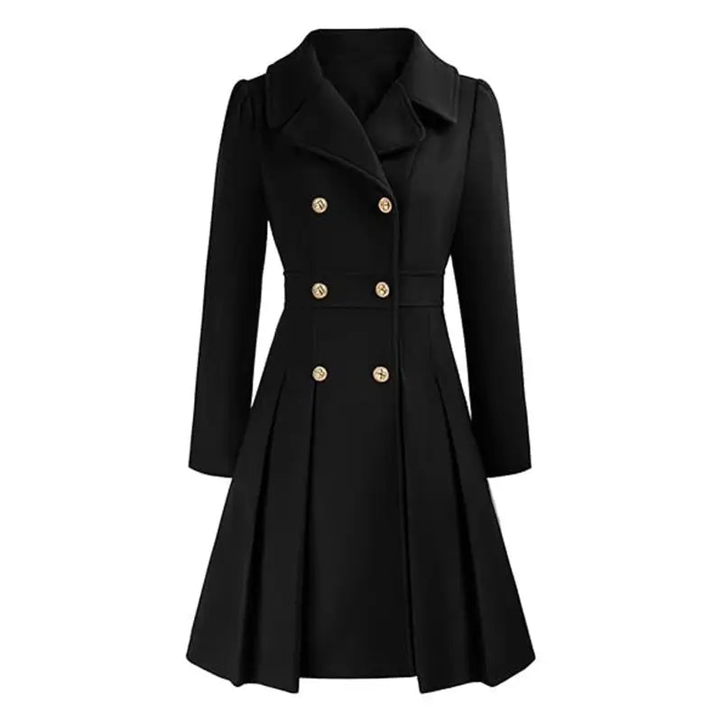 Black double-breasted pleated coat.