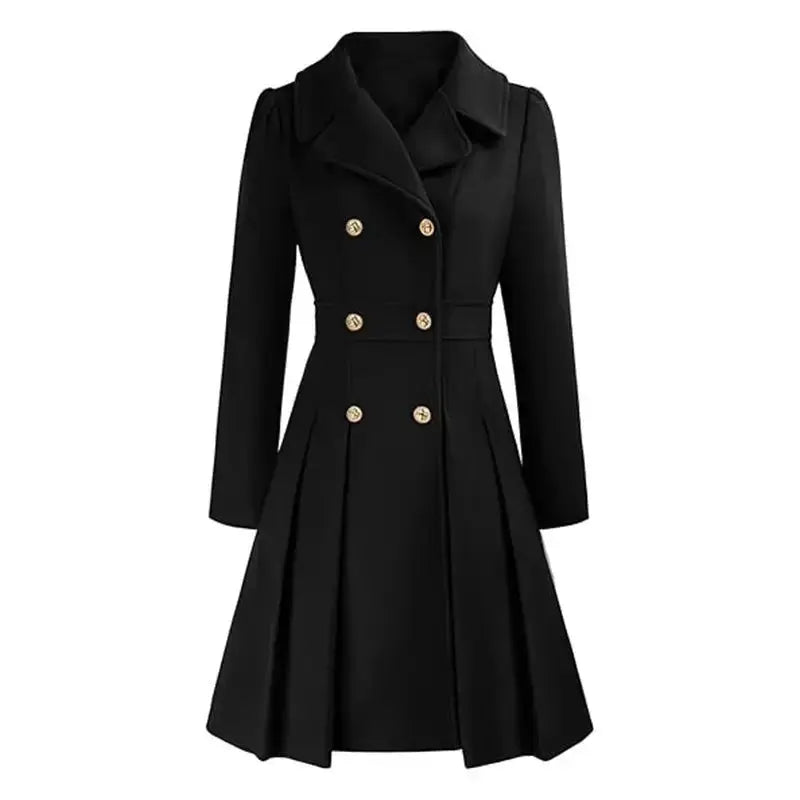 Black double-breasted pleated coat.