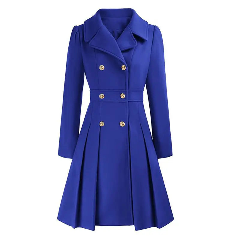 Blue double-breasted pleated coat.