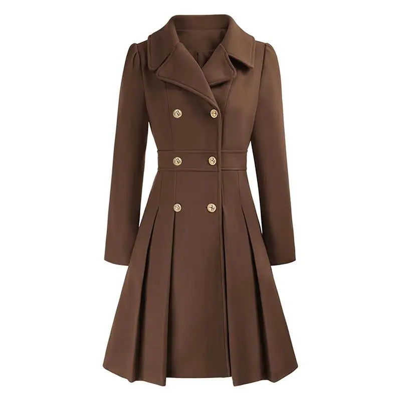 Brown double-breasted pleated coat.
