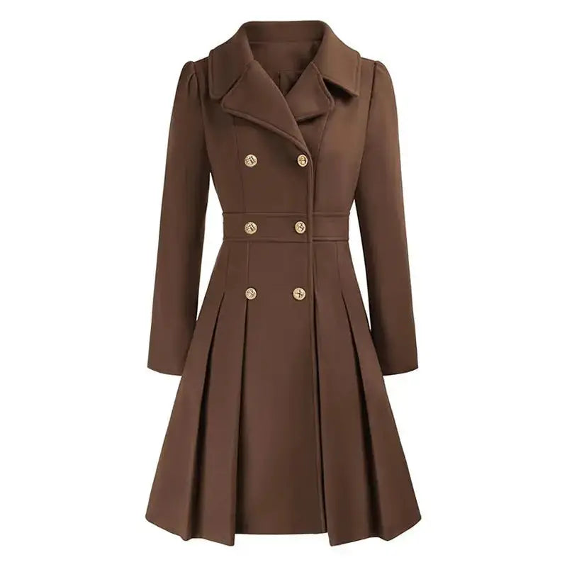 Brown double-breasted pleated coat.