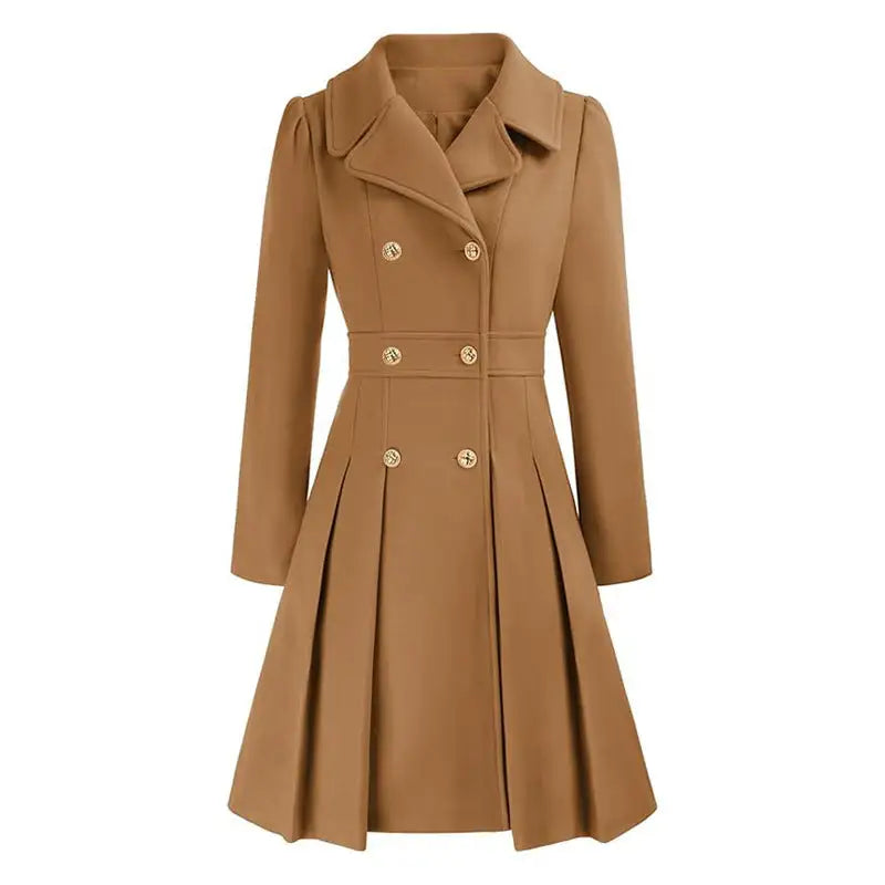 Tan double-breasted pleated coat.