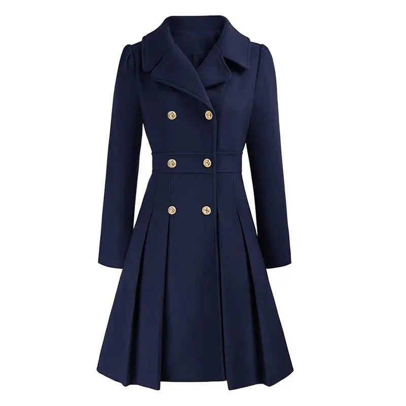 Navy blue double-breasted coat.