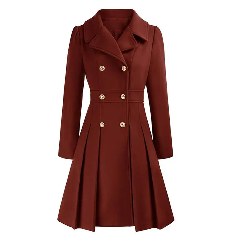 Double-breasted, pleated, brown coat.