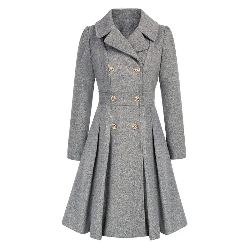 Gray double-breasted pleated coat.