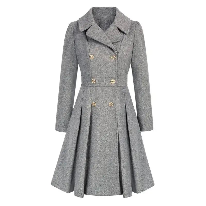 Gray double-breasted pleated coat.