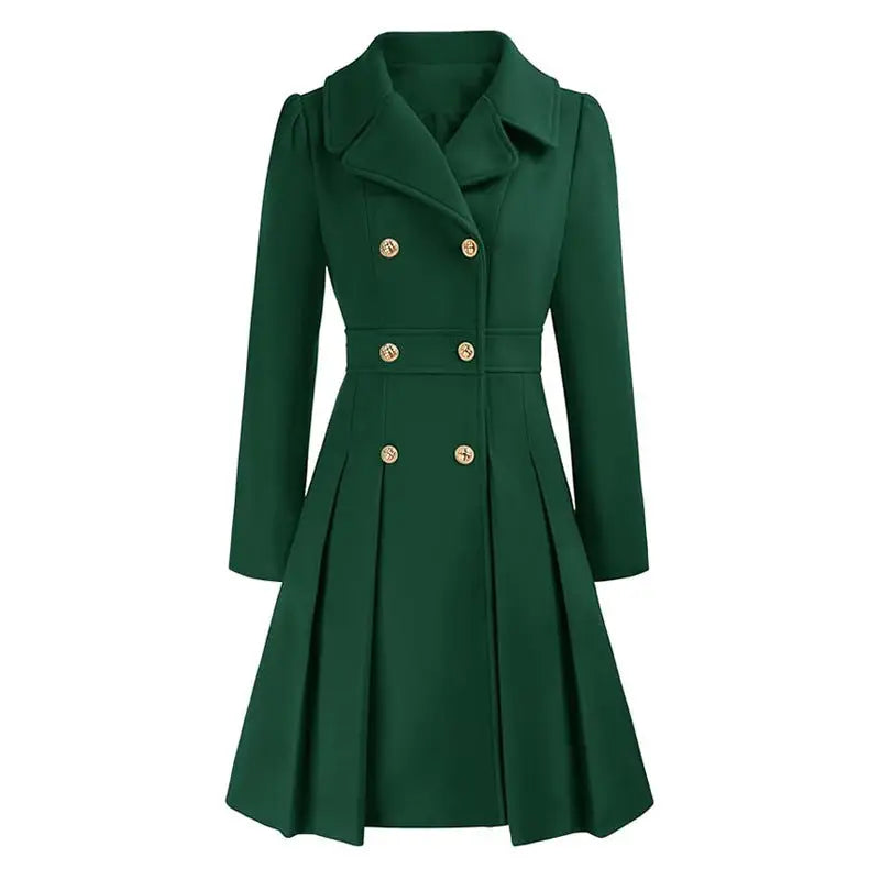 Green double-breasted pleated coat.