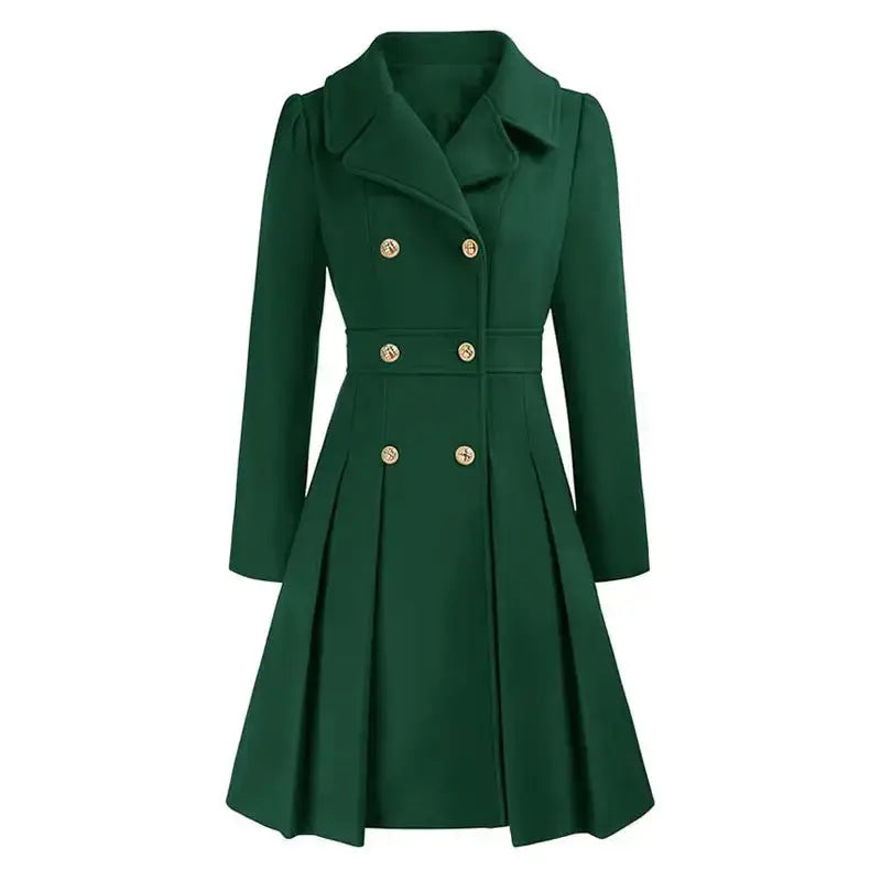 Green double-breasted pleated coat.