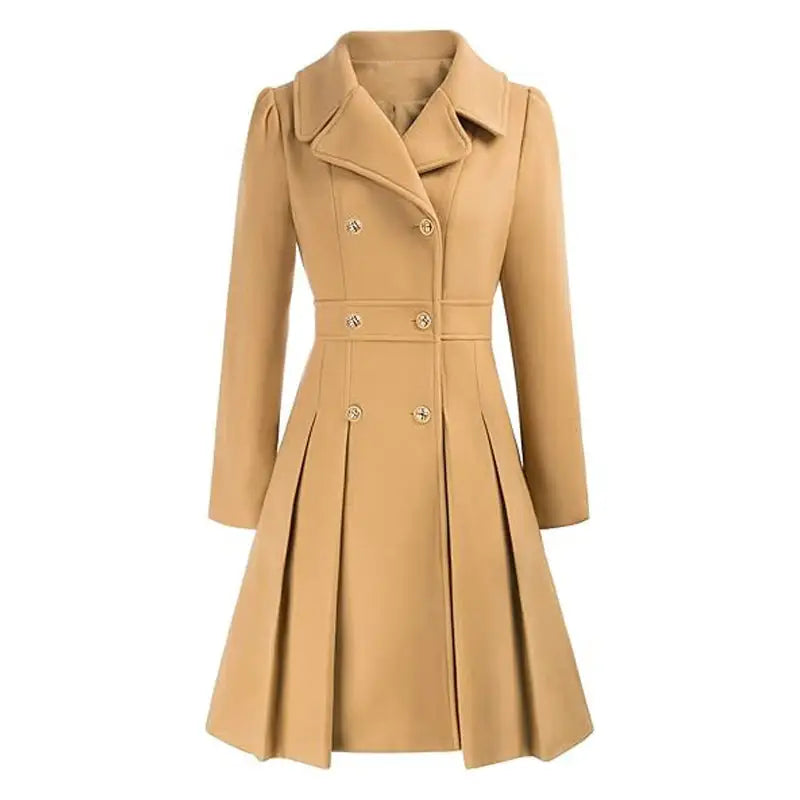 Tan double-breasted pleated coat.
