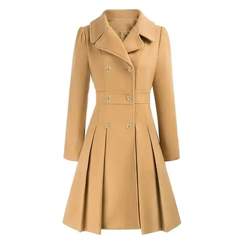 Tan double-breasted pleated coat.
