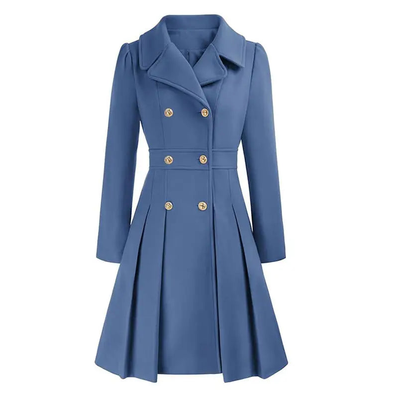 Blue double-breasted pleated coat.