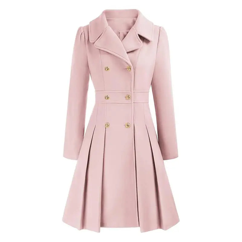 Pink double-breasted pleated coat.