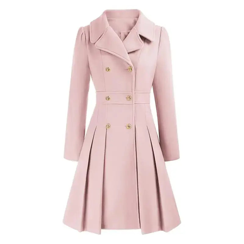 Pink double-breasted pleated coat.