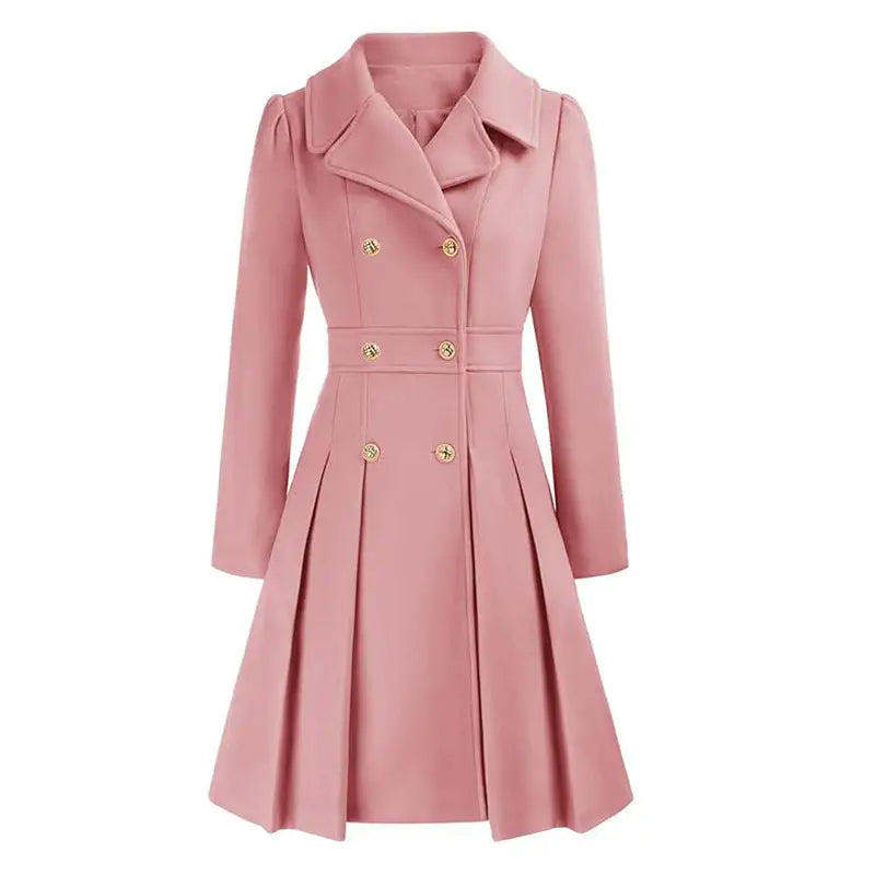 Pink double-breasted pleated coat.