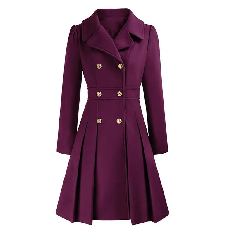 Plum double-breasted pleated coat.