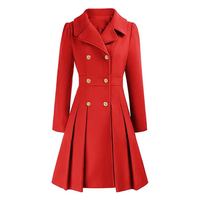 Red double-breasted pleated coat.