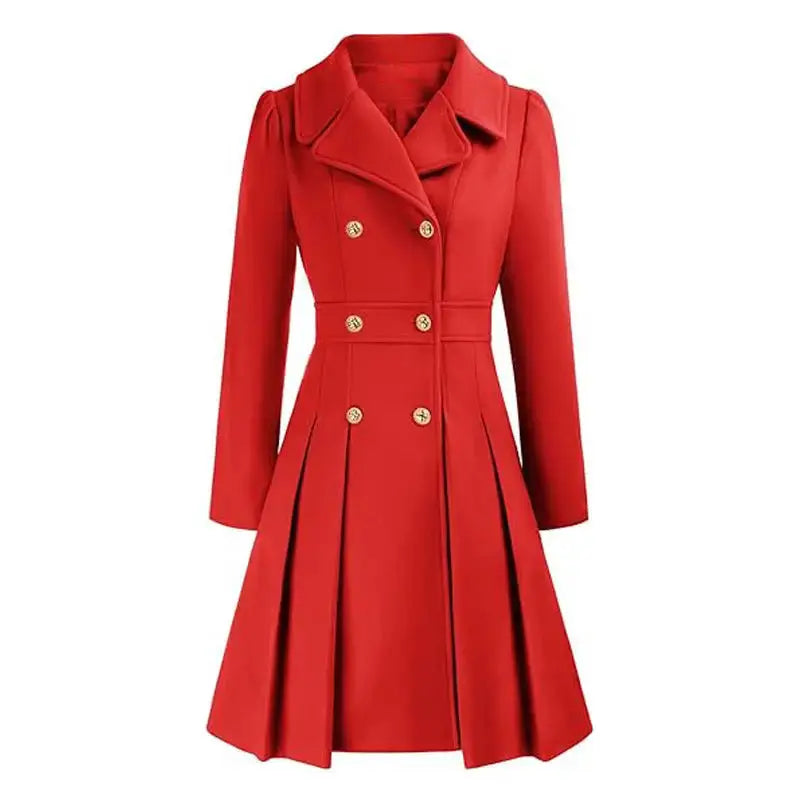 Red double-breasted pleated coat.